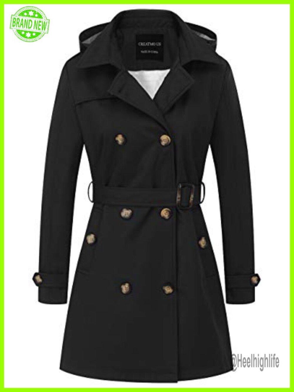Women's Trench Coat Double-Breasted Belted Slim Outerwear with Hood